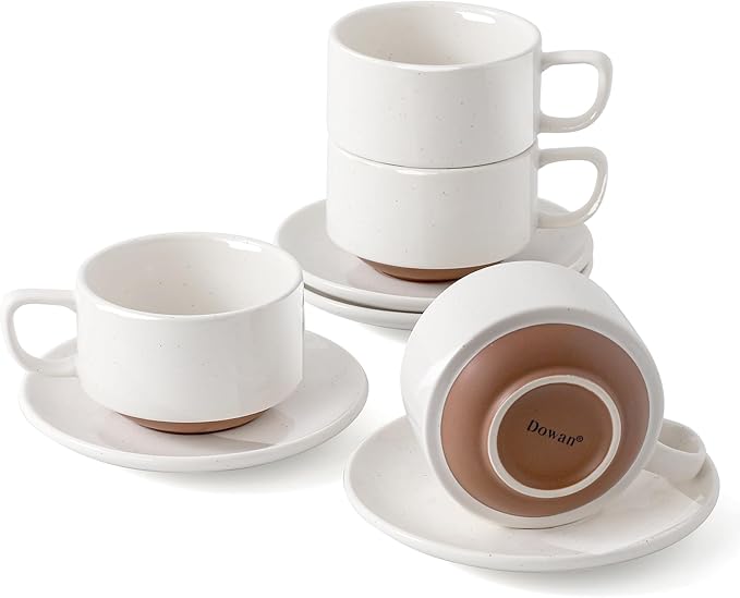 DOWAN 5oz Coffee Cups and Espresso Cups, Stackable Coffee Cup and Saucer Set of 4, Ceramic Tea Cup Set for Latte and Tea