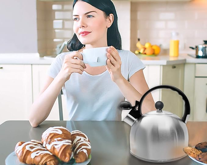 Venoly 2.5 Liter Whistling Tea Kettle - Modern Stainless Steel Whistling Tea Pot for Stovetop Hot Water Boiler with Cool Grip Ergonomic Handle (Silver, 2.5 Liter)