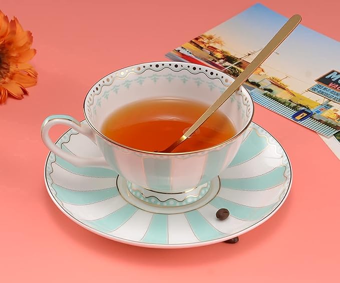 Bone China Tea Cup Set with Saucer Spoon - 3 Piece Set (7oz) - Cappuccino & Latte Cups - Mother's Day Gift