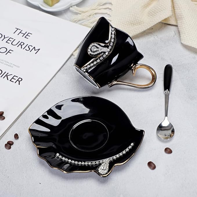 Ceramic Tea Cup and Saucer Set Decorative Rhinestone Coffee Mug Gift for Women 7oz (Black)
