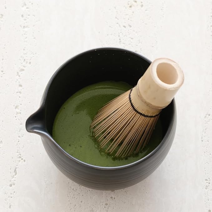 Matcha Whisk Set, Ceramic Matcha Bowl & Whisk Holder, Bamboo Accessory, Modern Design (Matte Crème, Pouring Spout) (Matte Black)
