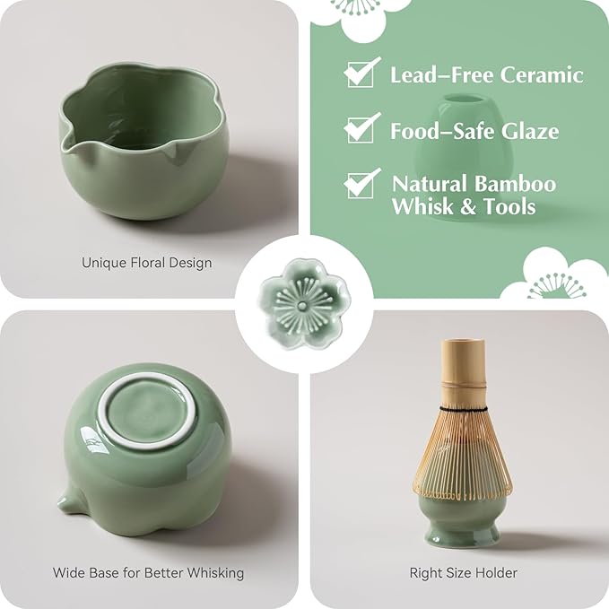 Matcha Set, 8Pcs Floral Ceramic Matcha Kit with Matcha Whisk, Holder, Scoop, Scoop Rest, Sifter, Spoon and Tea Towel - Thoughtful Matcha Whisk Set Gift for Matcha Lovers (Green)