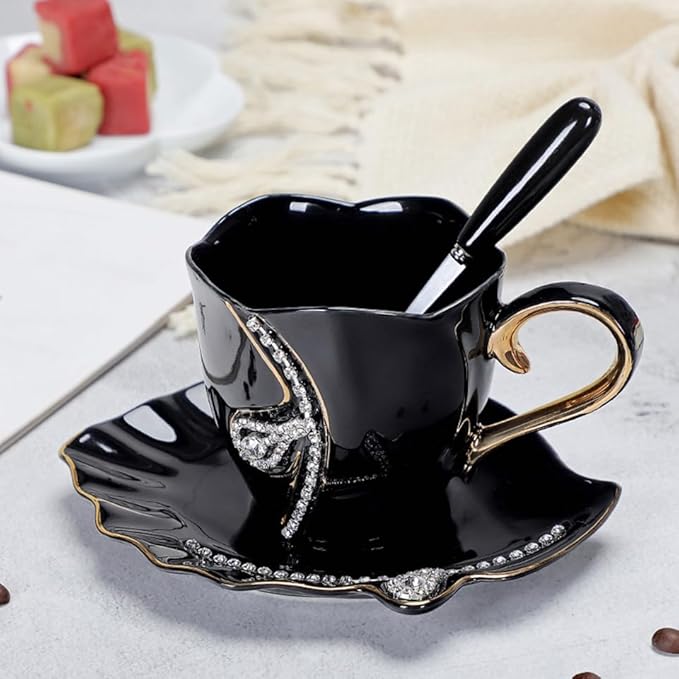 Ceramic Tea Cup and Saucer Set Decorative Rhinestone Coffee Mug Gift for Women 7oz (Black)