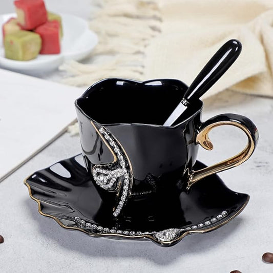Ceramic Tea Cup and Saucer Set Decorative Rhinestone Coffee Mug Gift for Women 7oz (Black)