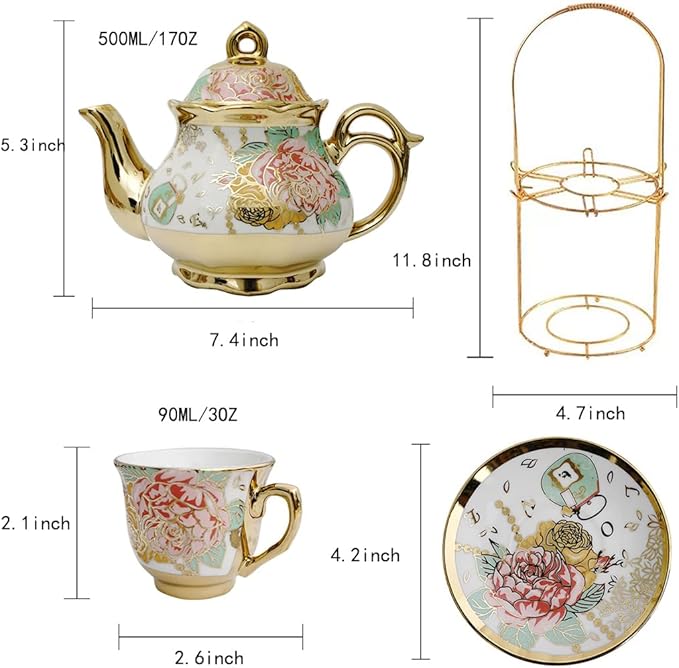 CHANJOON tea sets Gold Plated Red Rose Ceramic Tea Set, Vintage Teapot Tea Sets Beautiful Tea Set Coffee Serving 6 People (Golden, Medium)