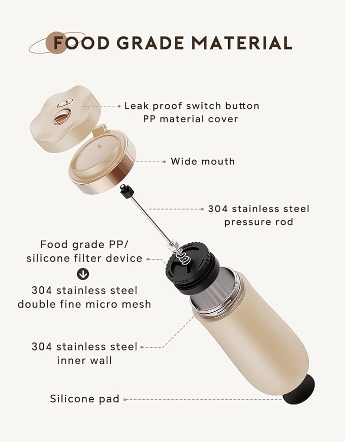 BENFUCHEN Travel Coffee Press, Vacuum Insulated Portable French Press, Stainless Steel Portable Coffee Maker/Tea Press, 12oz, Beige