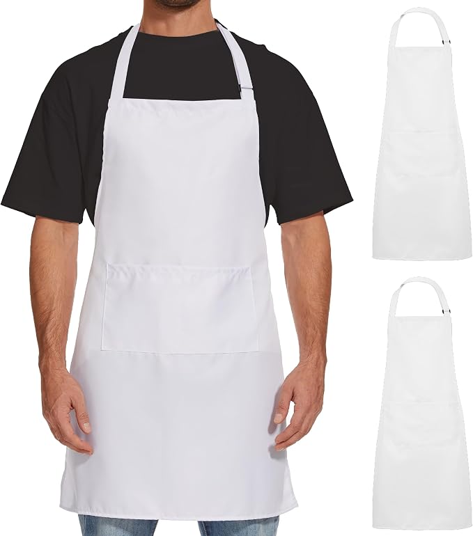 Will Well Kitchen 2 Pack Bib Apron For Men & Women with 2 Pockets - White | Unisex 33'' x 27'' Oil & Water Resistant Soft Kitchen Chef Apron with Adjustable Neck Strap & 38'' Waist Ties for Snug Fit by WillWell