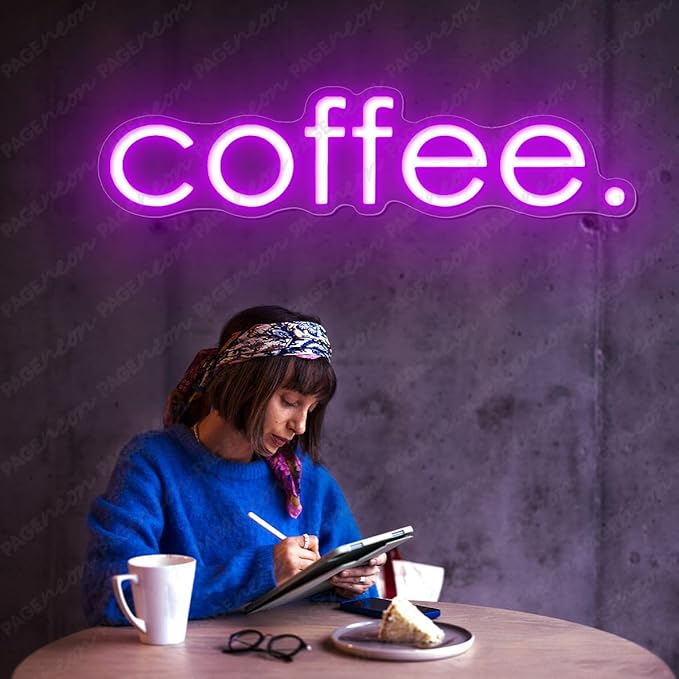 Coffee Neon Sign (24x6'', Remote and Plug included) Cafe Led Light coffee. led light coffee shop decorations wall decor (24x6" - Purple)