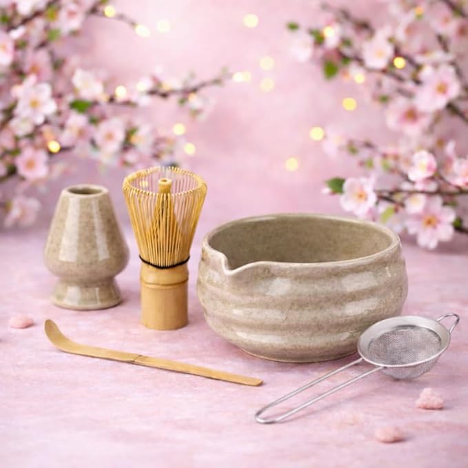 Matcha Whisk Set- Matcha Set includes Matcha Whisk and Bowl (Bowl with Spout), Sifter, Holder and Scoop- The Perfect Bamboo Whisk for Matcha Tea (Molted Green)