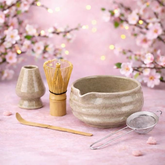 Matcha Whisk Set- Matcha Set includes Matcha Whisk and Bowl (Bowl with Spout), Sifter, Holder and Scoop- The Perfect Bamboo Whisk for Matcha Tea (Molted Green)