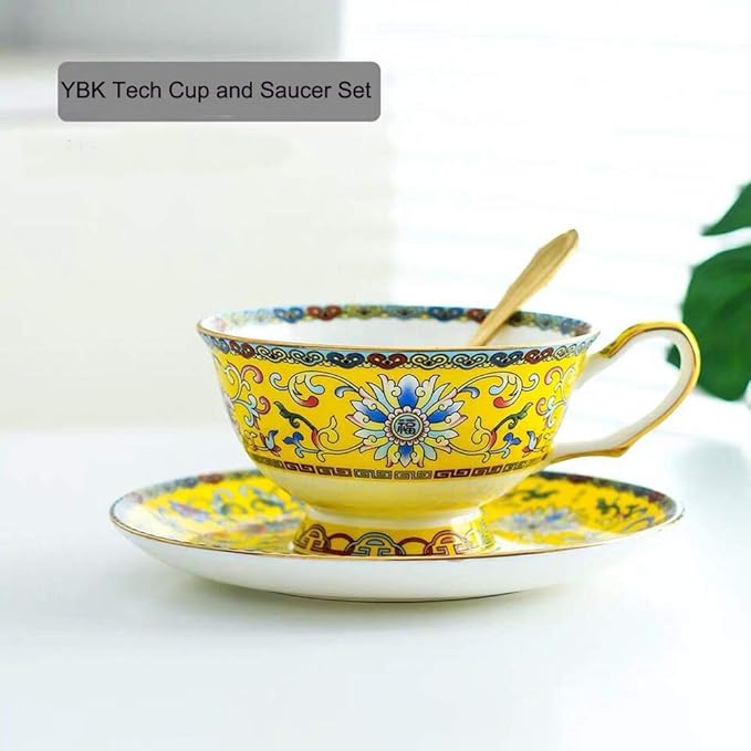 Cup& Saucer Set Bone China Tea Coffee Cup for Breakfast Afternoon Tea- Classic Enamel Patterns (Yellow)