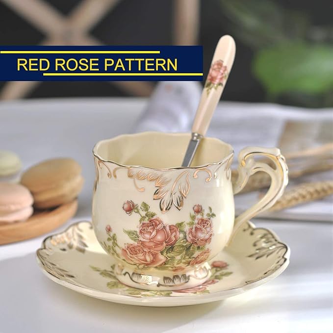 YOLIFE 8 OZ Pink Rose Tea Cups and Saucers Set of 6, Ivory Vintage Floral Porcelain Teacups Set, Coffee Cups with Golden Rack