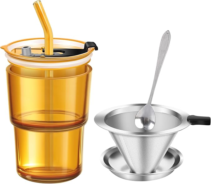 Single Serve Immersion Coffee Maker, Glass Pour Over Coffee Dripper with Reusable Stainless Steel Filter, Manual Coffee Brewer Cup for Home Office Travel-A
