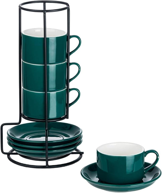 2.5oz Espresso Cups Set of 4, Porcelain Stackable Espresso Cups with Saucers and Metal Stand Set, Green Expresso Shots Cup Set