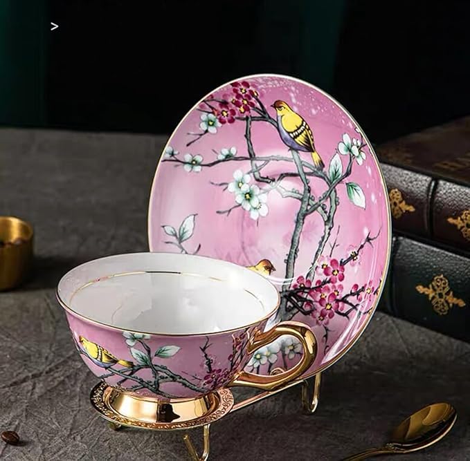 YBK Tech Euro Style Cup& Saucer Set Art Bone China Ceramic Tea Coffee Cup for Breakfast Home Kitchen- Birds and Trees Patterns (Pink)