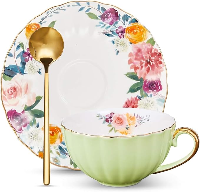 ONEUSTAR Tea Cup and Saucer Set for 1 Bone China Floral English Teacup 8 oz Coffee Cup for Women Tea Parties Birthday Christmas Gift, Light Green