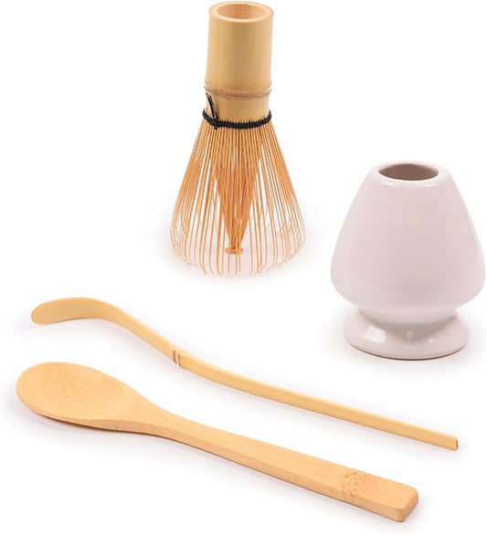 BambooMN Matcha Green Tea Whisk And Scoop 4 Piece Set - White Holder - 1 Set