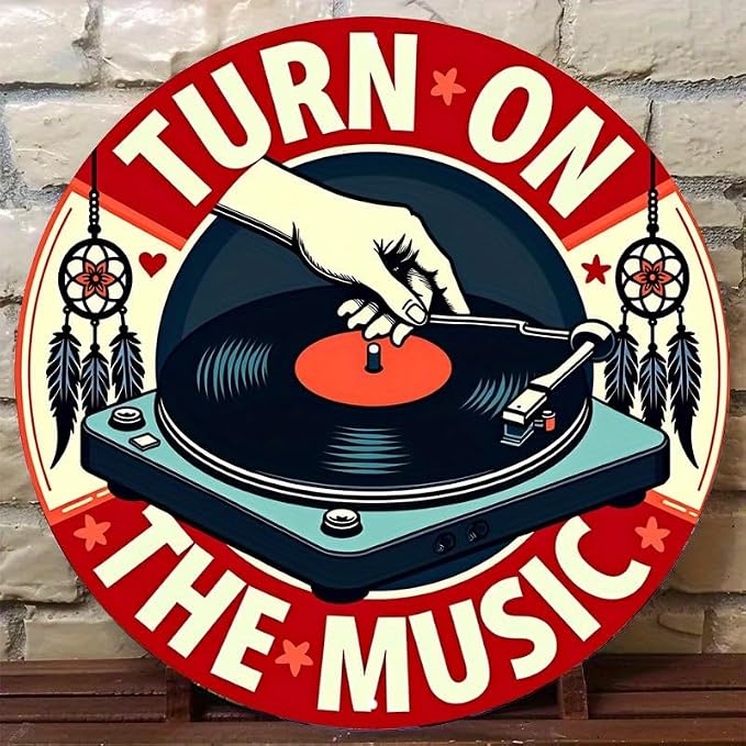 1pc Vintage Turn On The Music Vinyl Record Tin Sign, Retro Style Aluminum Wall Art, Rustic Metal Decor Plaque, 8x8", with No Electricity Needed, Cafe - Multipurpose Wall Hanging by Unknown