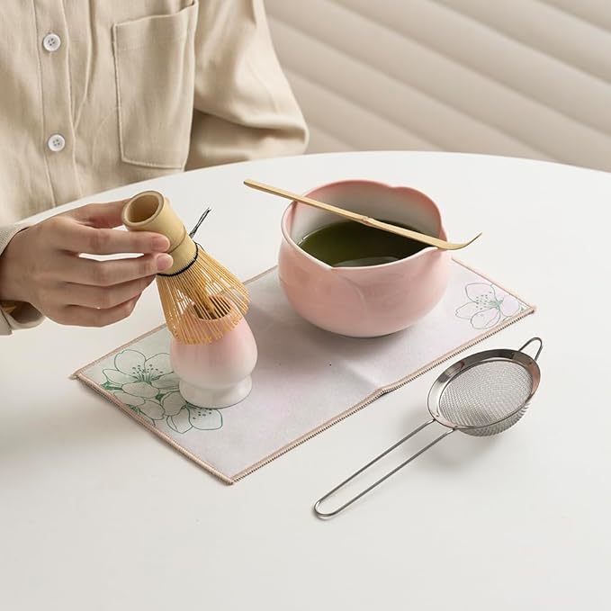 Japanese Matcha Tea Set, Pink Peach Ceramic Matcha Bowl with Soft Glaze, Bamboo Whisk & Scoop, Complete Tea Ceremony Kit with Gift Box