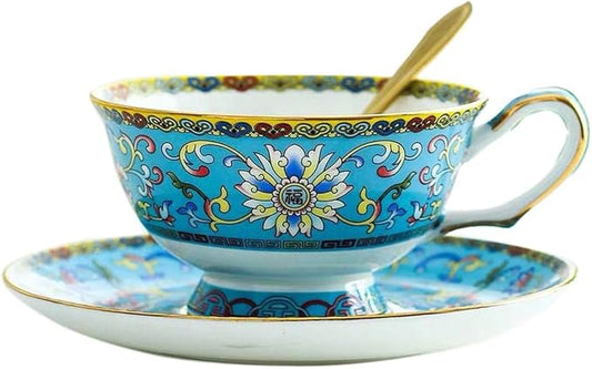 Cup& Saucer Set Bone China Tea Coffee Cup for Breakfast Afternoon Tea- Classic Enamel Patterns (Blue)