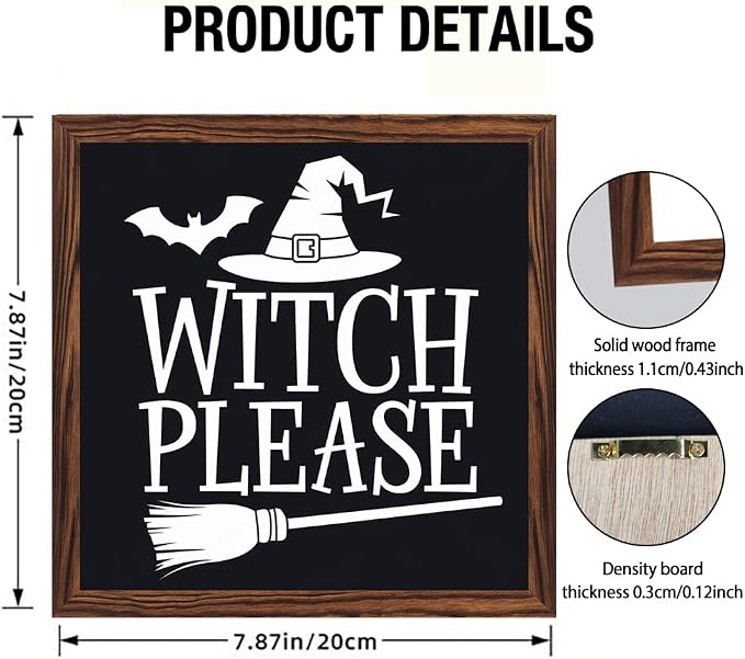 Vintage Witch Please Wooden Sign, With Frame Witch Broom, Bats Elements Decorative Sign for Bedroom, Kitchen, Cafe, Bar Wall Decor, Halloween Decor 7.87x7.87 Inch - Image 4