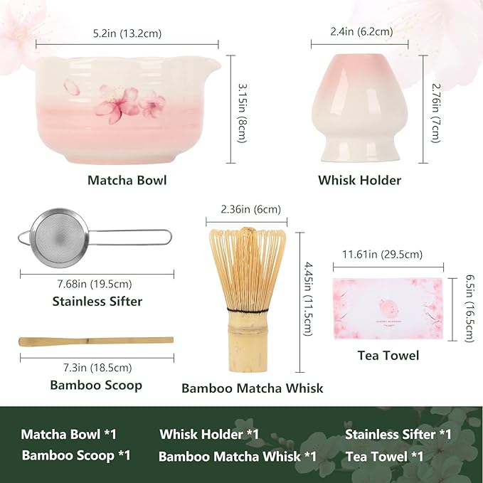 7PCS Matcha Whisk Set, Sakura Cherry Bloosm Matcha Kit Gift for Women Birthdays Mom Girls Kids and Matcha Tea Lover, with Bamboo Whisk, Holder, Bowl, Scoop, Sifter, Towel, and Elegant box