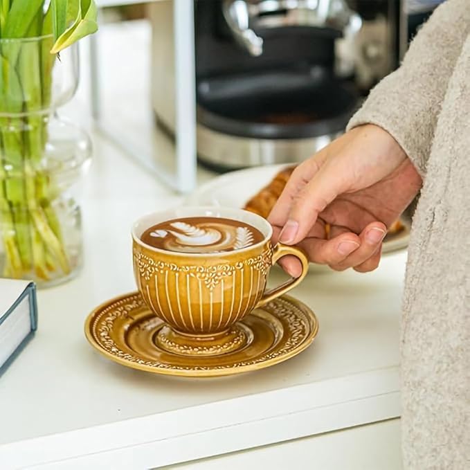 WAIT FLY Vintage Embossed Ceramic Coffee Mug with Saucer Set, Espresso Cup, Tea Cup, Breakfast Cup and Dessert Plate-Caramel-8 OZ