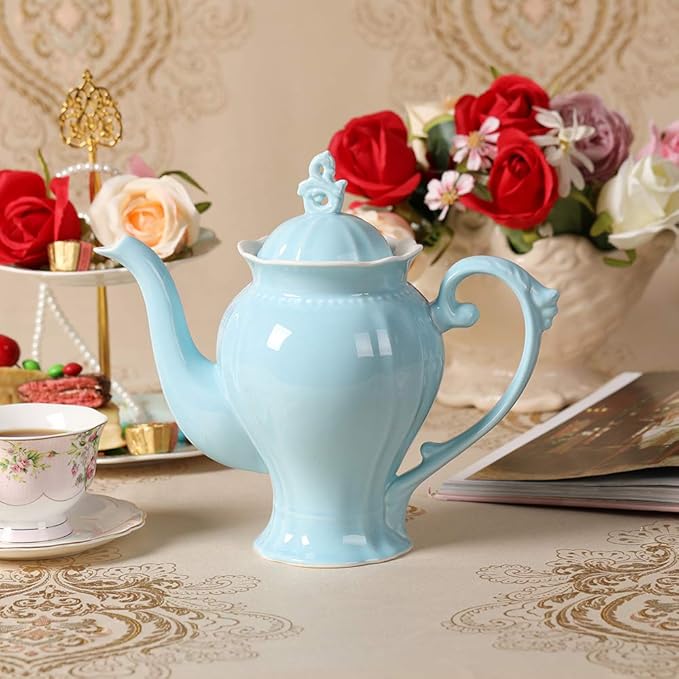 Fine Porcelain Light Blue English Teapot, Coffee Pot, Victoria Style, Light Weight, 37 Oz