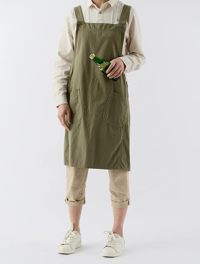 Japanese Cotton Linen Cross Back Apron with Pockets,Fashion Pinafore Dress for Gardening Painting Cleaning Cooking - Image 2