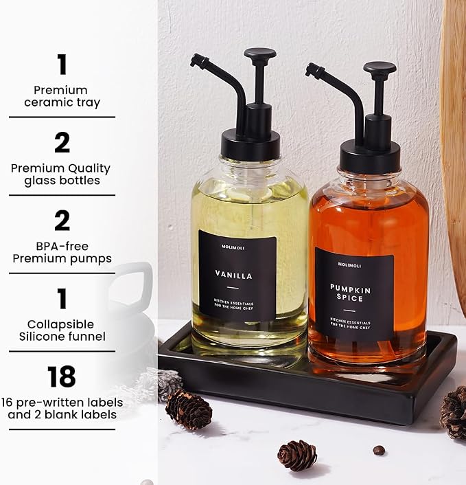 Molimoli Coffee Syrup Dispenser - Glass Bottle with Pump, Maple/Coffee Syrup, Labels and Tray - Image 2