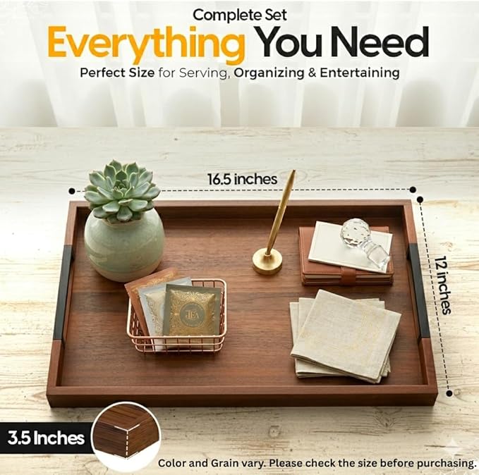 Acacia Wood Serving Tray with Handles, Large Wooden Ottoman & Coffee Table Tray 16.5"x12" with 2 Silicone Mats – Decorative Wooden Serving Tray for Breakfast in Bed, Kitchen, Bar & Home Décor