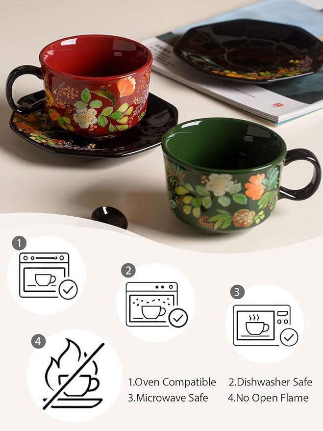 Green Floral Coffee Cup and Saucer Set, 9.5 oz (280ml) Ceramic Tea Cup with Saucer, Glossy Finish Botanical Mug for Espresso, Cappuccino, Latte, Home Kitchen, Office Gift