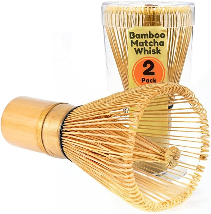 BambooMN Japanese Matcha Whisk Chasen - Traditional Handcurled 100 Tate Matcha Utensil - Natural Golden Brown - 2 Pieces