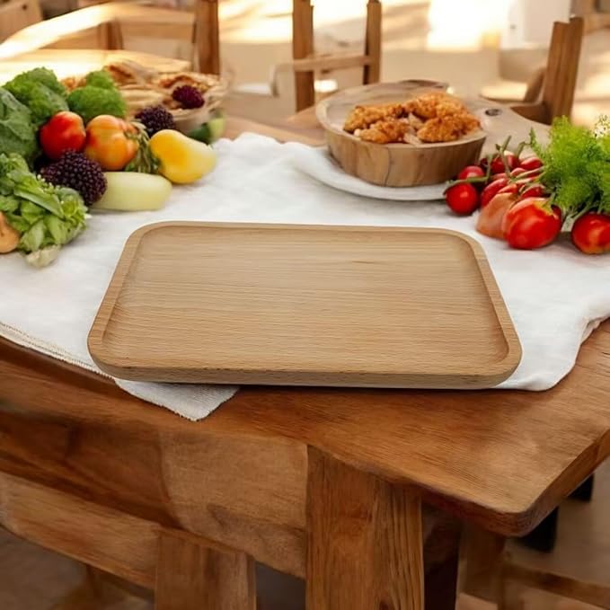2 Pack Solid Wood Serving Platters and Trays of Natural with Edge,Rectangular Avoid Sliding and Spilling Food (Wood 10x7Inch)