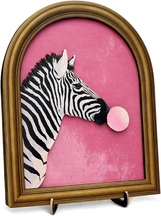 3D Funny Pink Zebra Table Decor Sign, Funky Zebra Bubble Gum Animal Wall Art Sign for Home Bedroom Living Room Desk Wall Shelf Decor 8x10 Inch