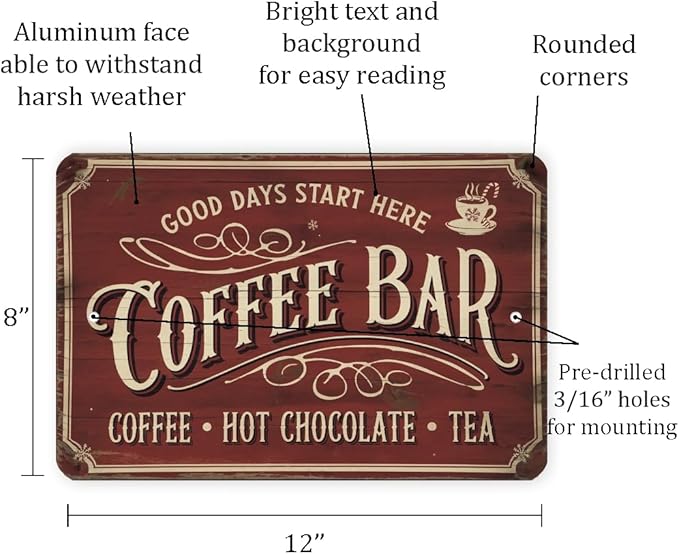 Vintage “Coffee Bar” Metal Sign – Retro Café Wall Art With Red Distressed Background, Rustic Kitchen Or Coffee Station Decor 8x12