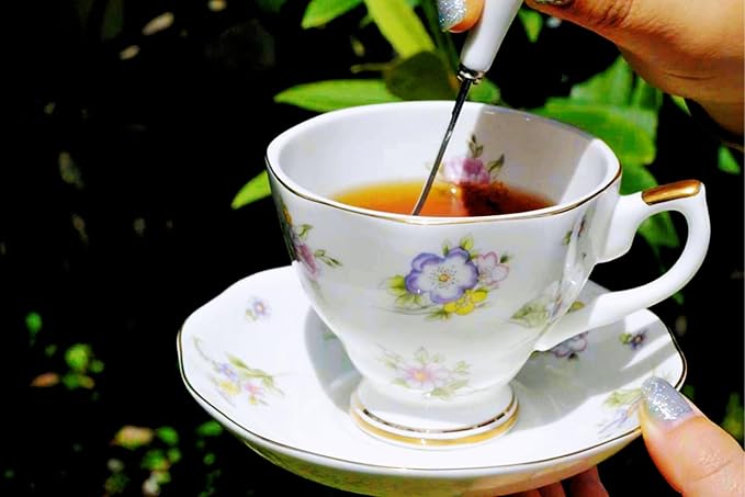 British Bone China Coffee Cup with Saucer and Spoon for Latte Americano Cups with Saucer Porcelain Tea Cup Set, Cups and Saucers 3 Piece Set（6.8oz） (A-white)