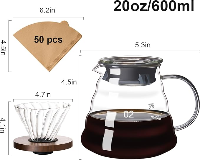 Pour Over Coffee Maker Set 20 OZ, Borosilicate Glass Coffee Server with 50 pcs Paper Filter, Pour Over Coffee Dripper Carafe for Home Cafe Restaurant Camping