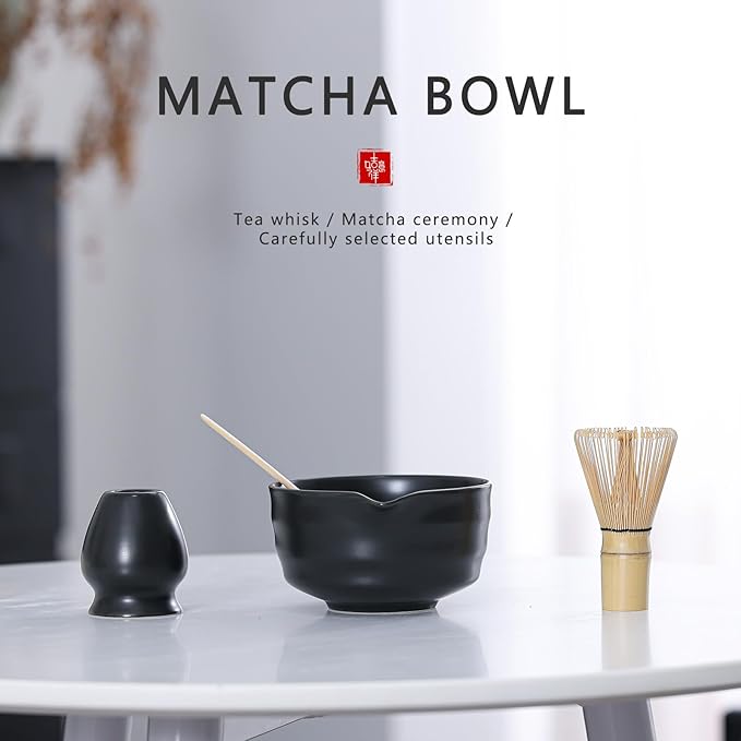 Matcha Tea Set – Traditional Japanese Ceremony Kit with 18.5OZ Ceramic Bowl, Bamboo Whisk, Scoop, and Holder – Ideal for Authentic Matcha Preparation and Gifting (Matte Black)