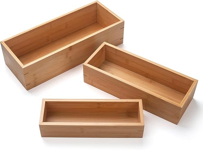 3Pcs Bamboo Bathroom Tray, Bathroom Organizer, Wooden Basket Tray for Counter Toilet Tank Top, Home Decor Wood Box for Toilet Paper Storage