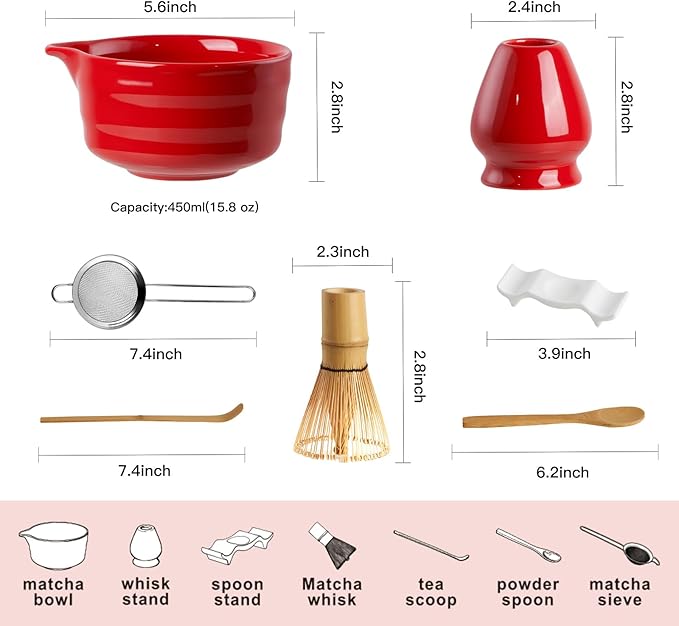YOLIFE 7 Pcs Matcha Whisk Set, Includes Matcha Bowl with Spout, Bamboo Whisk (Chasen) with Ceramic Holder, Scoop and Powder Spoon, Sifter, Matcha Kit for Ceremony (Red)