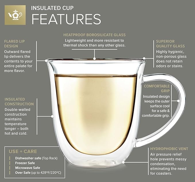 Teabloom Double Walled Borosilicate Glasses – Set of 2 Insulated Glass Cups for Tea, Coffee and More - 8 oz / 240 ml – Canterbury Bells Collection