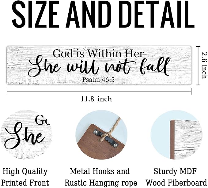 AGMDESIGN God is Within Her She Will Not Fall Bible Verse Wood Sign, Women's Faith Wall Decor, Christian Hanging Wooden Plaque for Prayer Room Home Church Farmhouse, Great Gifts for Christian Friends - Image 2
