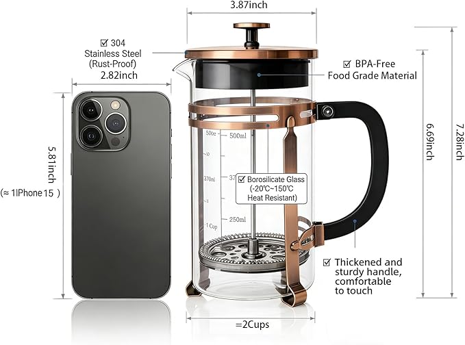 French Press Coffee Maker 21 oz, 304 Stainless Steel Double Mesh Filter, Borosilicate Glass, Heat-Resistant, BPA-Free, Ideal for Home, Office & Gift