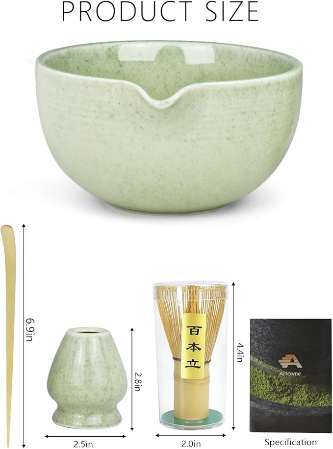 Artcome Premium Matcha Tea Set – 20.2oz Traditional Matcha Bowl with Pouring Spout, Bamboo Whisk, Whisk Holder, Tea Scoop & Matcha Tea Guide – Ideal for Ceremonial Use and Daily Enjoyment
