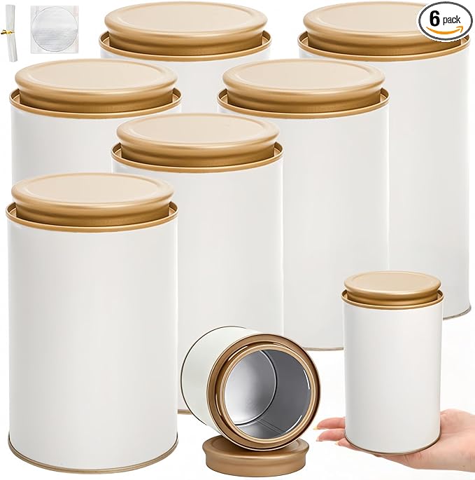 6 Pack Tea Tins Canister for Loose Tea, 23 Fl OZ Airtight Round Tin with Lid, Large Metal Tea Storage Jars, White Kitchen Containers for Travel Business Coffee Sugar Candy Spices Herbs