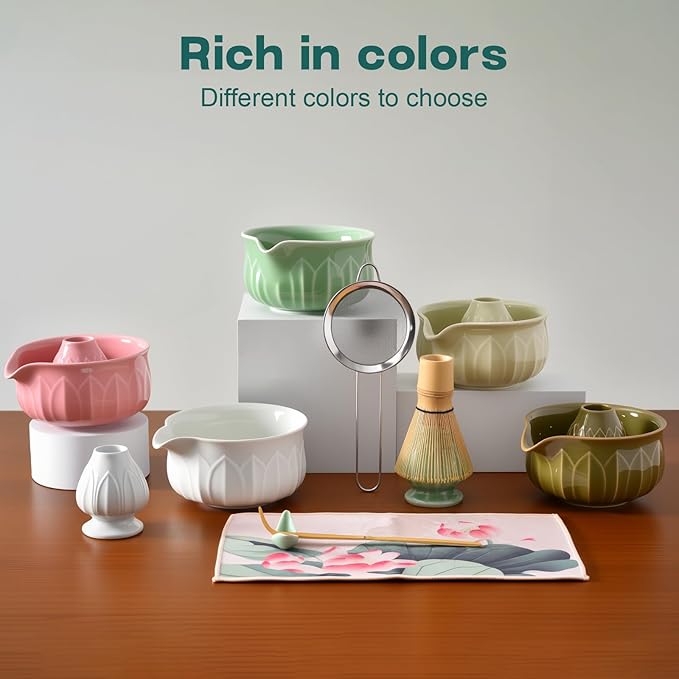 ZentButCool Matcha Set Includes Ceramic Matcha Bowl, Bamboo Whisk (Chasen), Scoop, Stainless Steel Matcha Sifter, And Whisk Holder (White)