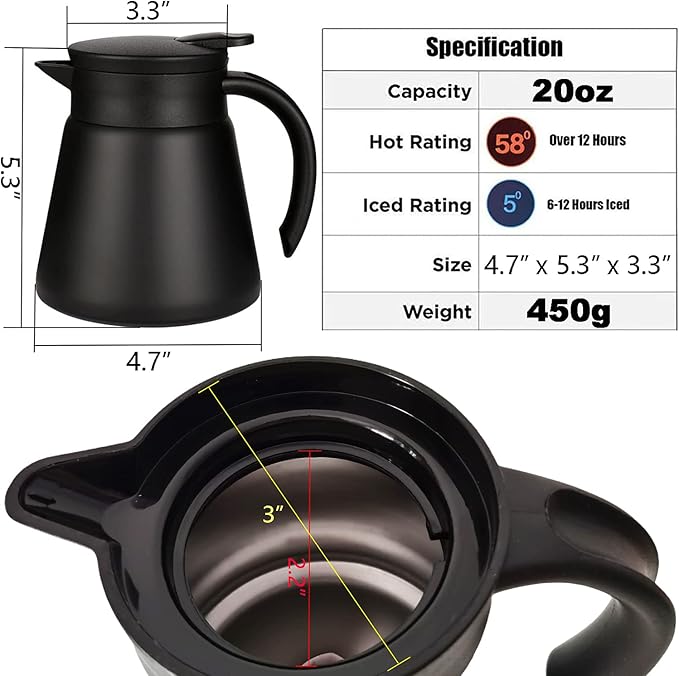 Thermal Coffee Carafe Tea Pot 20 Oz Stainless Steel Insulation Pot Double Wall Vacuum Insulated Coffee Water & Beverage Dispenser (Black)