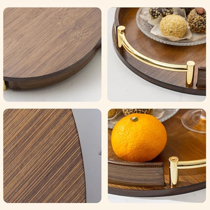 12″ Round Bamboo Serving Tray with Handles, Dark Brown Wooden Tray for Coffee Table, Ottoman & Kitchen – Decorative Tray for Drinks, Snacks, Home Decor & Gifts