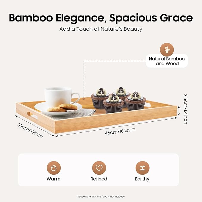 4 Pack Bamboo Serving Tray with Handles Kitchen Large Food Bamboo Tray Couch Tray Tea Decorative Serving Pallet for Dinner, Breakfast, Table Snack, 18.1×13×1.4In